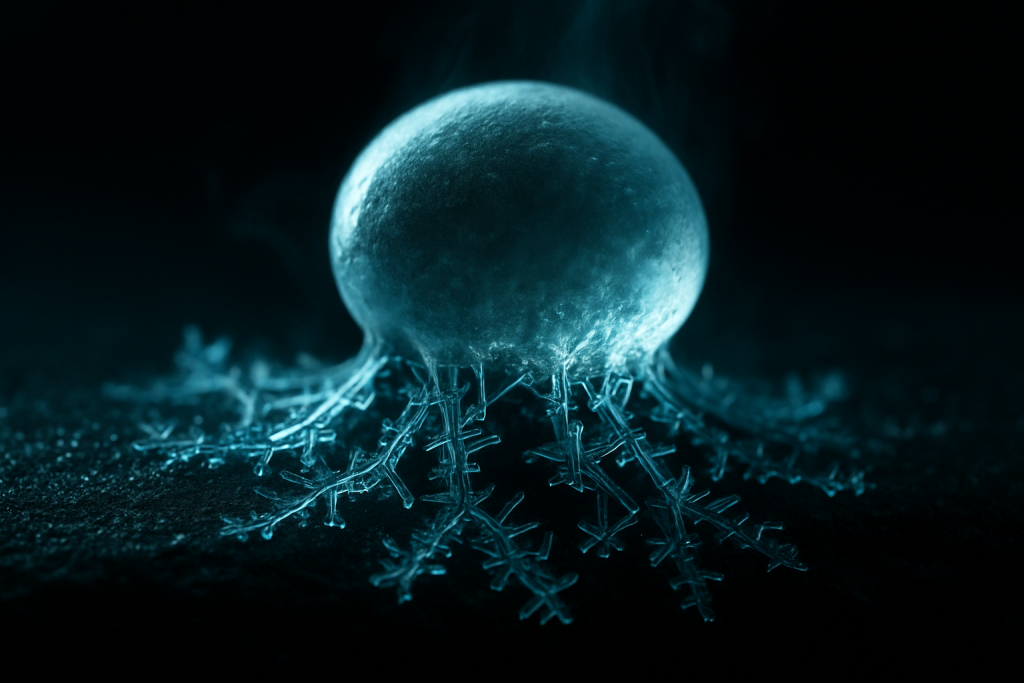 Ice bridges form and grow inside freezing water droplets
